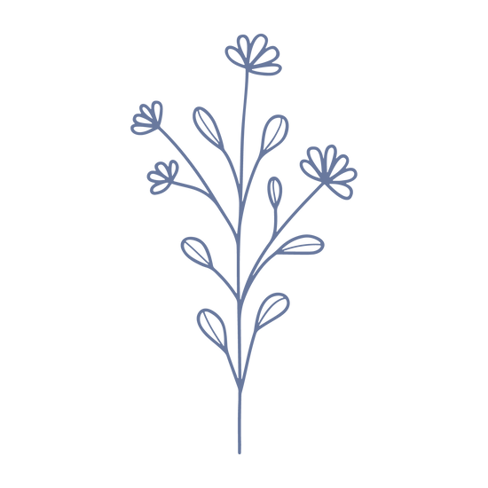 A graphic of a hand-drawn styled sprig/flower in deep lavender blue.