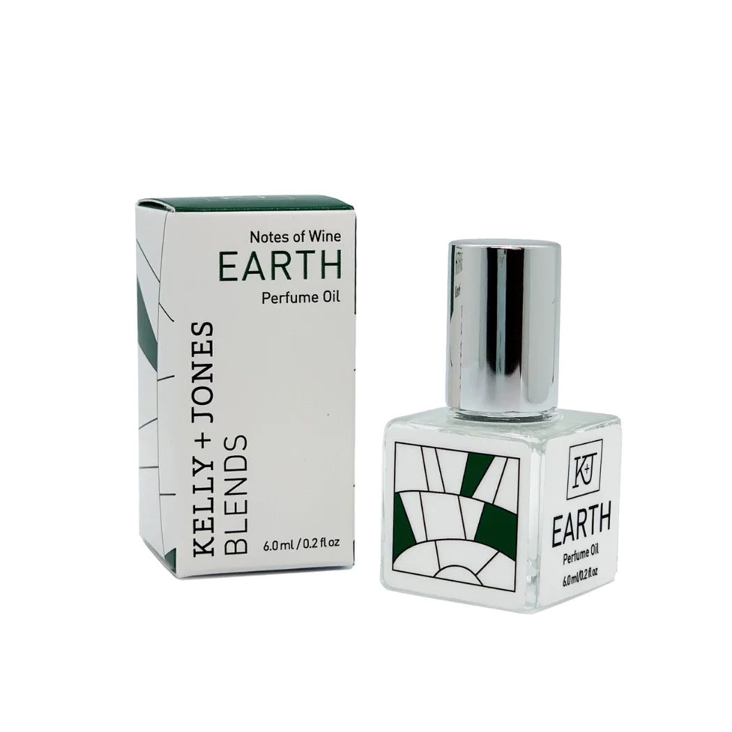 Kelly & Jones "EARTH" perfume bottle: small, clear, square bottle with a long chrome lid top. Text reads "EARTH Perfume Oil 6.0ml/0.2 fl oz", comes with small box.