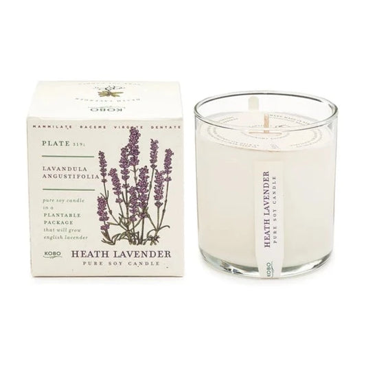 Heath Lavender KOBO 9oz. Candle with box. Graphics of lavender flowers and minimalistic style text.